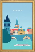 JUNIQE - Poster met houten lijst Retro Praag -40x60 /Blauw & Turkoois