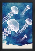 JUNIQE - Poster met houten lijst Jellyfish -13x18 /Blauw & Wit