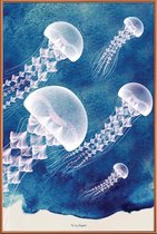 JUNIQE - Poster met kunststof lijst Jellyfish -40x60 /Blauw & Wit