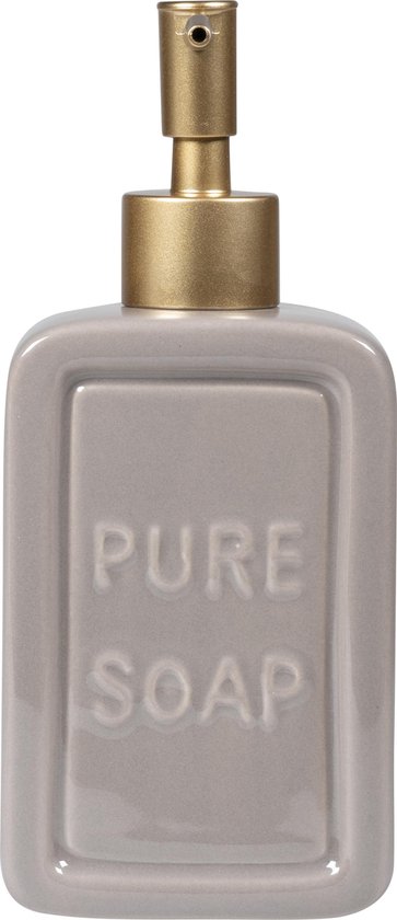Grijze keramische zeepdispenser met gouden pompje en reliëf 'PURE SOAP'.