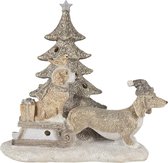 Clayre & Eef Kerstdecoratie Beeld Honden 16*8*15 cm LED Grijs, Beige Kunststof Decoratief Figuur Decoratieve Accessoires Kerstdecoratie voor Binnen