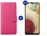 BixB Samsung A12 hoesje - Met 3x screenprotector / tempered glass - Book Case Wallet - Roze