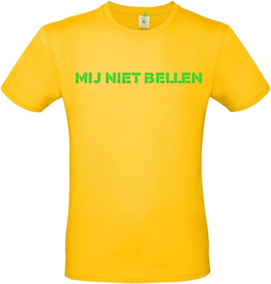 T-shirt met opdruk “Mij niet bellen” | Chateau Meiland | Martien Meiland | Goud geel T-shirt met groene opdruk. | Herojodeals