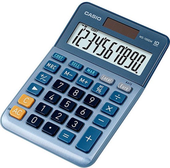 Blauwe Casio MS-100EM rekenmachine met display '1234567890'.