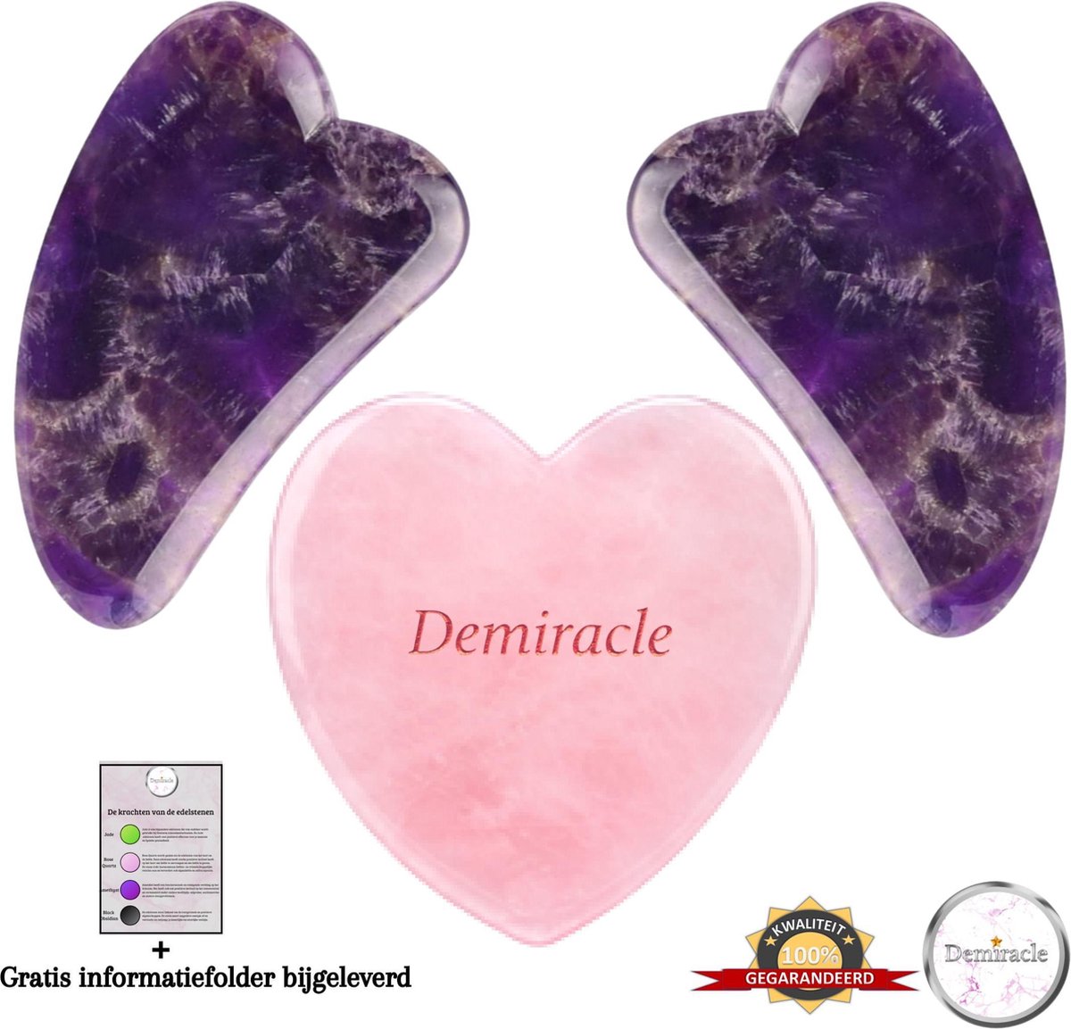 Demiracle® Gua Sha Love Bundel – 100% echte Rose Quartz en 2x Amethist – Massagehulpmiddel – Gezichtsmassage – Massage – Ontspanning – Kwaliteit
