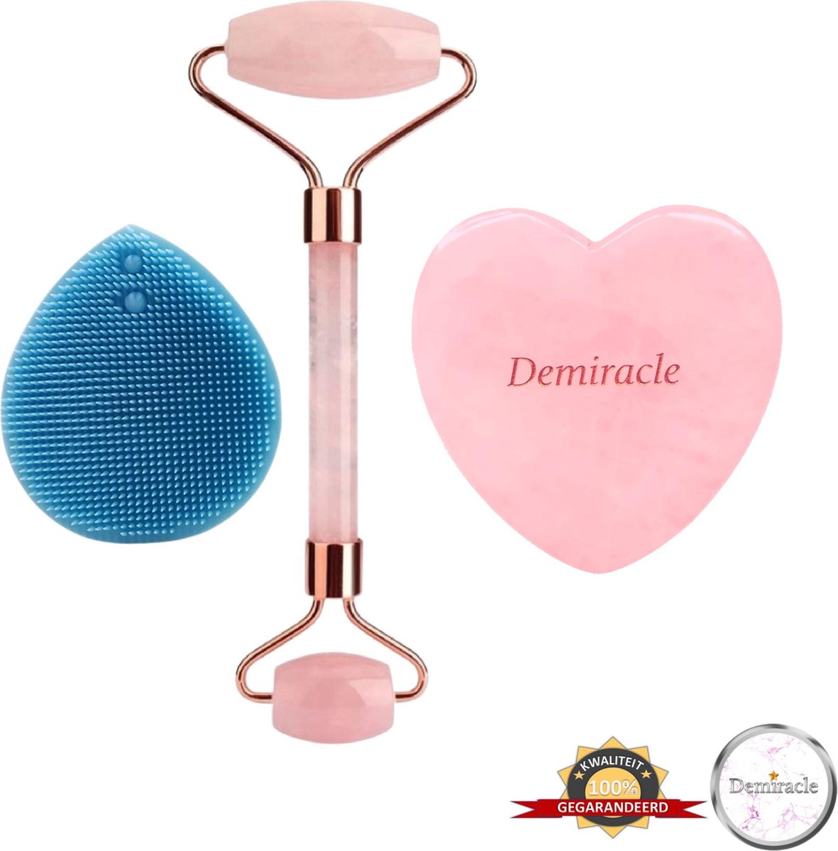Demiracle® Face Roller & Gua Sha Love Bundle met Blauwe Siliconen Gezichtsborstel – Rose Quartz – Face Rollers – Gezichtsmassage – Massagetools – Massage - Ontspanning – Kwaliteit