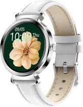 Belesy® CHIQUE - Smartwatch Dames - Horloge - 1.3 inch - Kleurenscherm - Stappenteller - Bloeddruk - Hartslag - 25 Wijzerplaten – Sporten – Zilver – Wit - Leer