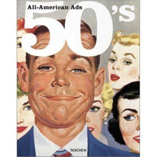 Boekomslag 'All-American Ads 50's' met een lachende man op de voorgrond en meerdere vrouwen achter hem.