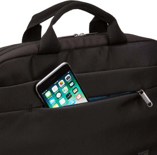 Zwarte laptoptas met smartphone in een voorvak.