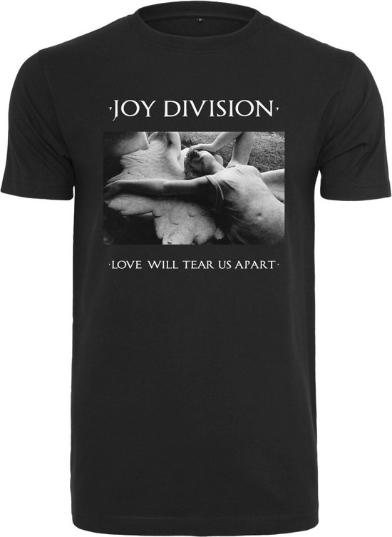 Zwart t-shirt met 'Joy Division' en 'Love Will Tear Us Apart' opdruk.