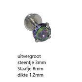 Helixpiercing zilverkleurig regenboog zirkonia 3mm 8mm x 1.2mm chirurgisch staal