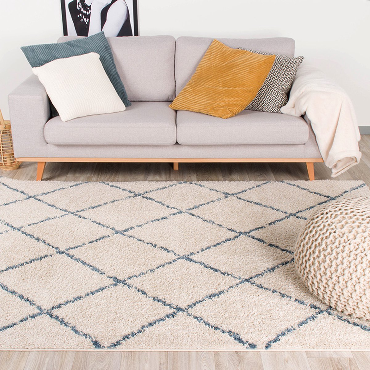 Fraai Hoogpolig vloerkleed - Grand Lines Creme/Blauw - 160x230cm