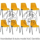 King of Chairs -set van 8- model KoC Daniëlle okergeel met zwart onderstel. Kantinestoel stapelstoel kuipstoel vergaderstoel tuinstoel kantine stoel stapel stoel kantinestoelen sta