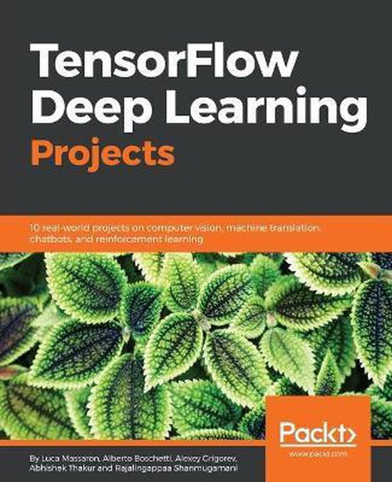 Boekomslag 'TensorFlow Deep Learning Projects' met afbeelding van groene bladeren.