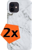 Hoes voor iPhone 12 Mini Hoesje Marmeren Case - Hardcover Hoes Marmer Backcase - 2 Stuks - Wit