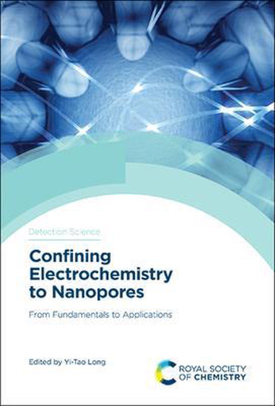 Boekomslag met blauwe abstracte achtergrond, titel 'Confining Electrochemistry to Nanopores' en Royal Society of Chemistry logo.