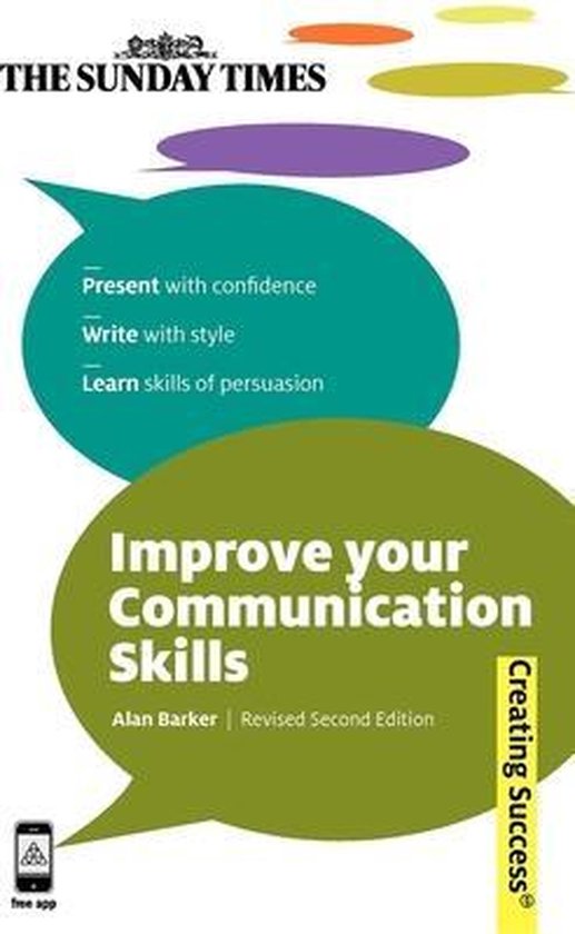 De cover van het boek 'Improve your Communication Skills' door Alan Barker. Groene en turquoise spraakbellen met tekst.