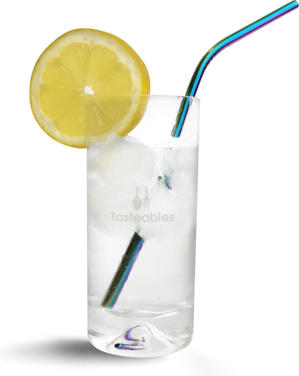 RVS Rietjes Gebogen - Cocktail Rietjes - Tasteables - Set van 8 - Herbruikbaar - Reinigingsborstel - 210mm lengte - Regenboog — cadeau in Kookcadeaus - foto 2