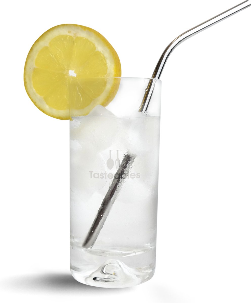 RVS Rietjes Gebogen - Cocktail Rietjes - Tasteables - Set van 8 - Herbruikbaar - Reinigingsborstel - 210mm lengte - Zilver — cadeau in Kookcadeaus - foto 2