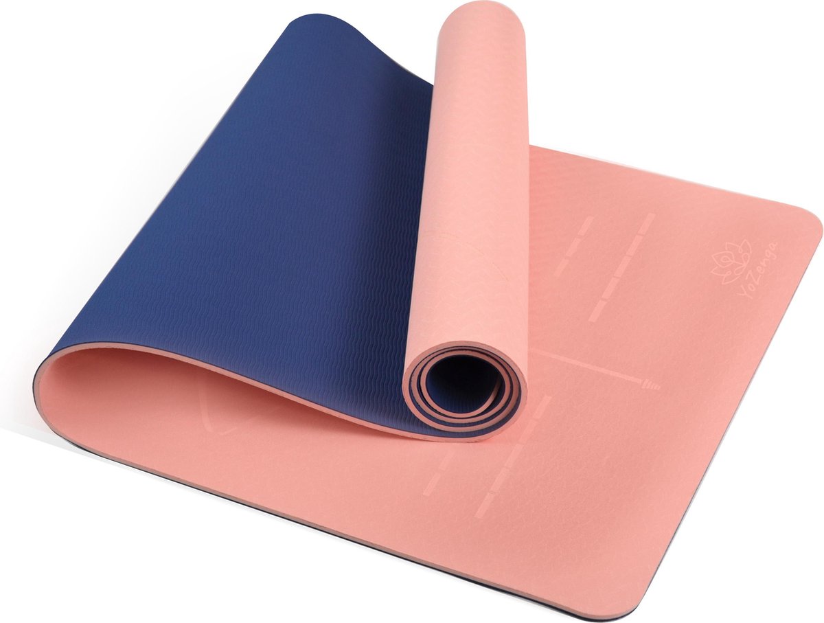 YoZenga Premium yoga mat | sportmat | Fitnessmat | extra breed | extra dik | TPE | Ohm Salmon pink/Navy blue | inclusief gratis draagriem |  cadeautip! - YoZenga
