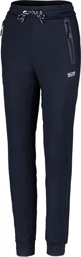 Donkerblauwe joggingbroek met trekkoord en ritszakken.