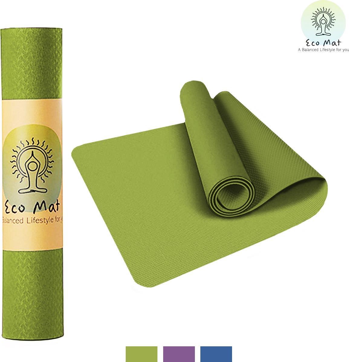 Eco Yoga Mat - Inclusief Draagriem - Anti Slip - Extra Dik (6 mm) - 61 x 183 x 0,6 cm - Zwart/Groen
