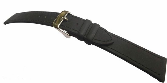 Horlogeband-horlogebandje-14mm-echt leer-zacht-mat-plat-zwart-stalen gesp-leer-14 mm