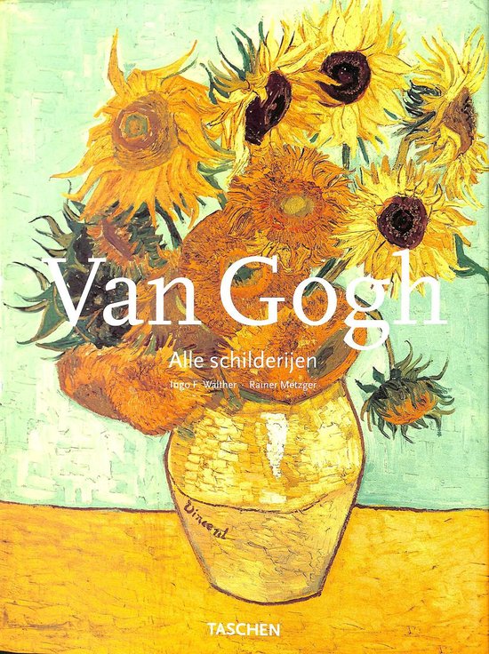 Van Gogh Alle schilderijen, met zonnebloemen in een gele vaas op een tafel.
