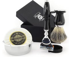 Complete scheerset voor mannen, Haryali London heren scheerset met scheermes met 5 mesjes, scheerkwast, scheerstandaard, scheerzeep en scheerkom (Shaving Set)