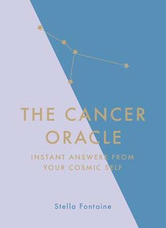 The Cancer Oracle: Instant Answers from Your Cosmic Self door Stella Fontaine, met een sterrenbeeld op een blauw en paars vlak.