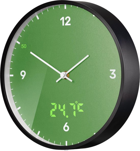 Horloge murale Bresser MyTime - Vert - Avec trotteuse LED et affichage de la température - 24Ø - Mouvement silencieux