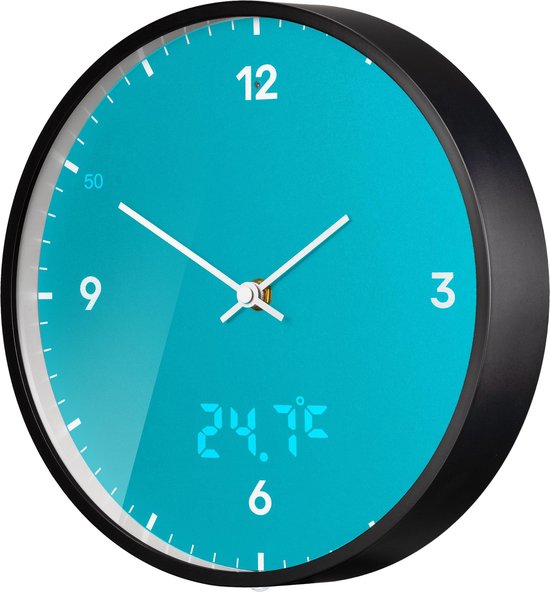 Horloge murale Bresser MyTime - Blauw - Avec trotteuse LED et affichage de la température - 24Ø - Mouvement silencieux
