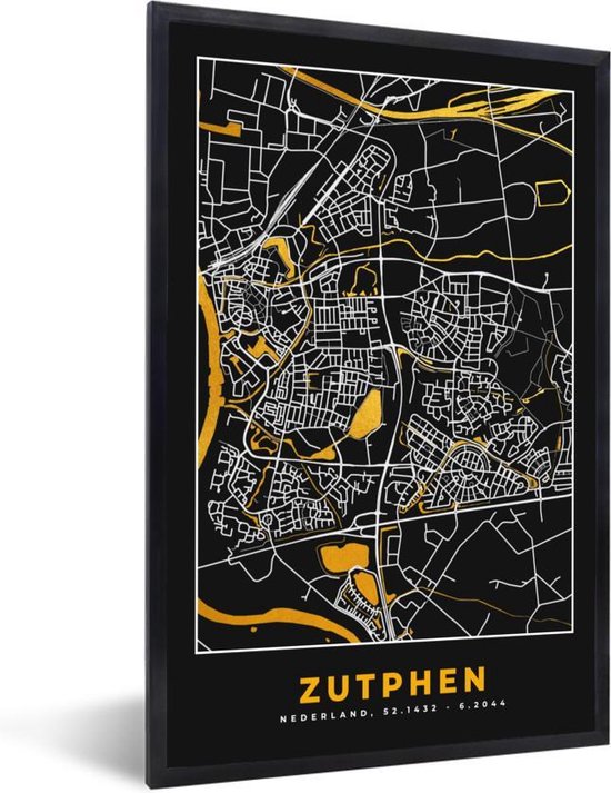 Fotolijst incl. Poster - Plattegrond - Zutphen - Goud - Zwart - 60x90 cm - Posterlijst - Stadskaart