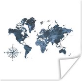 Muurdecoratie - Wereldkaart - Blauw - Kompas - 50x50 cm - Poster