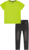 Koko Noko BIO Basics Set(2delig) Jeans NOX BLACK en Shirt Neon yellow - Maat 134/140