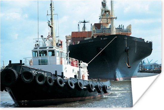 Poster Sleepboot trekt een containerschip mee - 30x20 cm