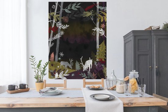 Poster Une illustration d'une forêt dans la nuit 120x160 cm - Tirage photo sur Poster (décoration murale salon / chambre) / Poster Arbres XXL / Groot format!