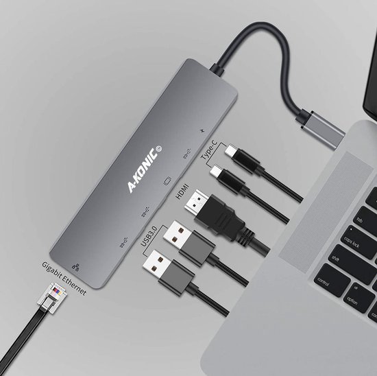 A-KONIC© 6 in 1 USB C Naar HDMI (4K) HUB met Ethernet RJ45, 2x USB 3.0 (thunderbolt), 2X Usb-C – Docking station - geschikt voor Macbook Pro, HP, Dell en meer – Spacegrey