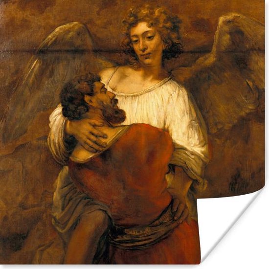 Poster Jakob worstelend met een engel - Schilderij van Rembrandt van Rijn - 100x100 cm XXL