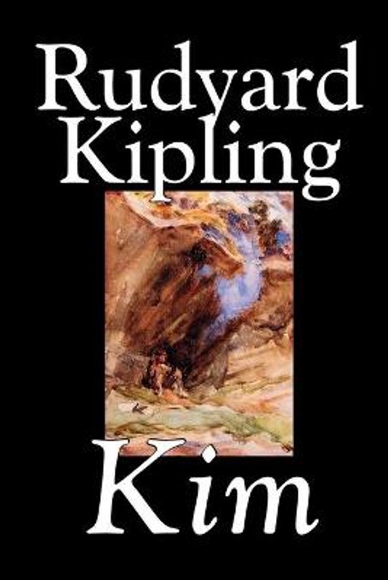 Boek "Kim" van Rudyard Kipling, met een aquarelafbeelding van een rotsachtig landschap.