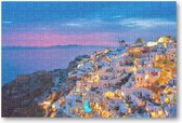 Oia met traditionele witte huizen en windmolens op het eiland Santorini, Griekenland in het blauwe avonduur - 252 Stukjes puzzel voor volwassenen - Landschap