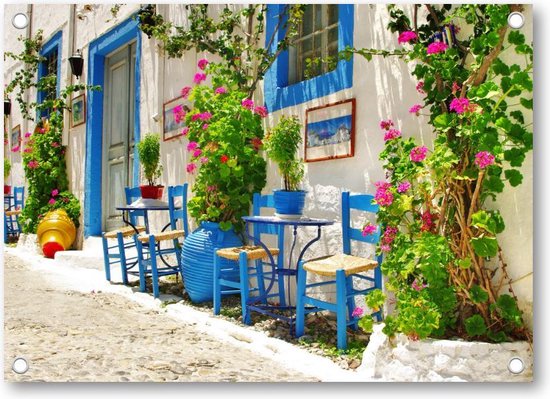 Traditioneel Griekenland - taverna's op straat - Tuinposter - Wanddecoratie - Bloemen