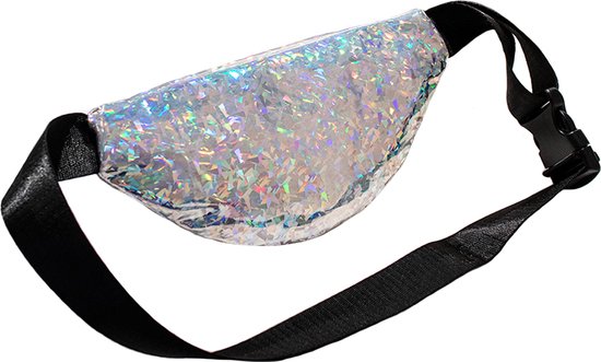 Zilveren heuptas met zwarte band en sluiting, glitterend met holografisch effect.