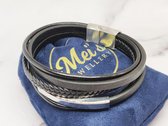 Mei's | Coco Leather Ropes armband | armband heren / sieraad heren / Echt Leder / 316L Roestvrij Staal / Chirurgisch Staal | polsmaat 19,5 cm / zilver / zwart