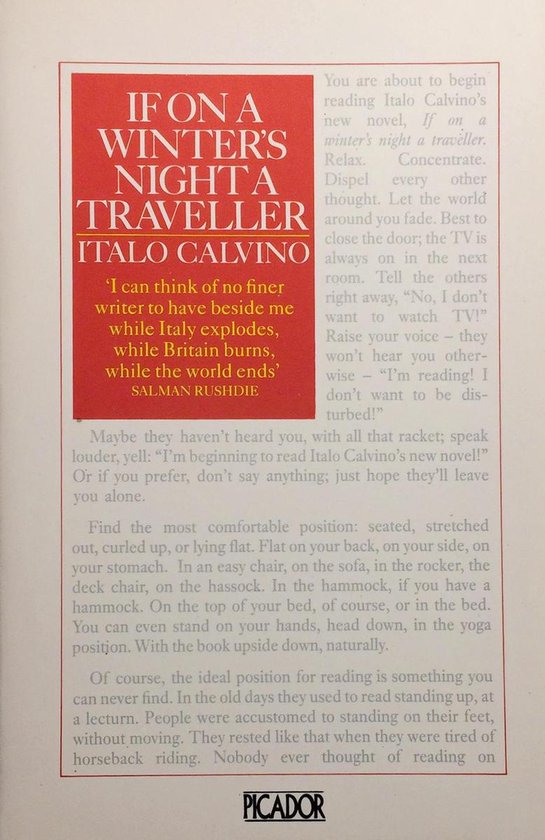 Boekkaft met rode tekst. Titel 'If on a Winter's Night a Traveller' en 'Italo Calvino'. Quote van Salman Rushdie.