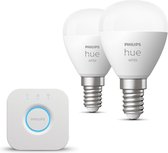 Philips Hue Starterspakket White E14 - 2 Hue LED Kogellampen en Bridge - Eenvoudige Installatie - Werkt met Alexa en Google Home