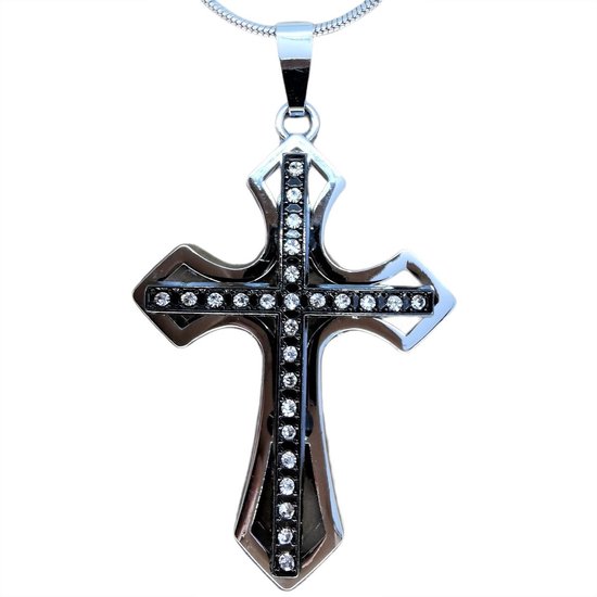 Prachtig edelstaal hanger, Kruis op Kruis, strass, zilver/metallic zwart.