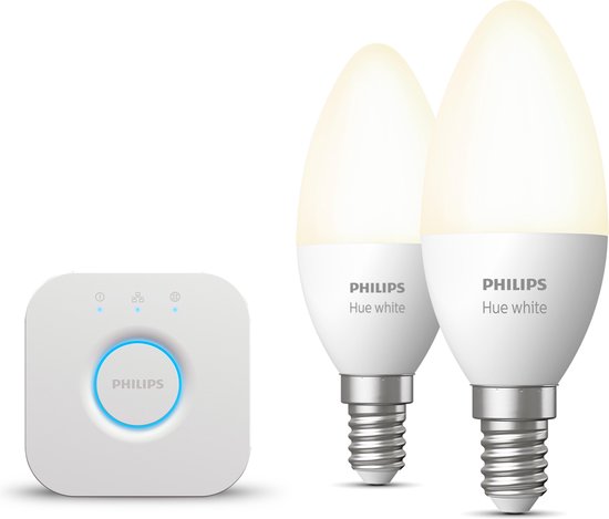 Philips Hue Starterspakket White E14 - 2 Hue LED Kaarsampen en Bridge -  Eenvoudige... | bol.com