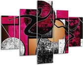 Glasschilderij -  Abstract - Roze, Zwart, Wit - 100x70cm 5Luik - Geen Acrylglas Schilderij - GroepArt 6000+ Glasschilderijen Collectie - Wanddecoratie- Foto Op Glas