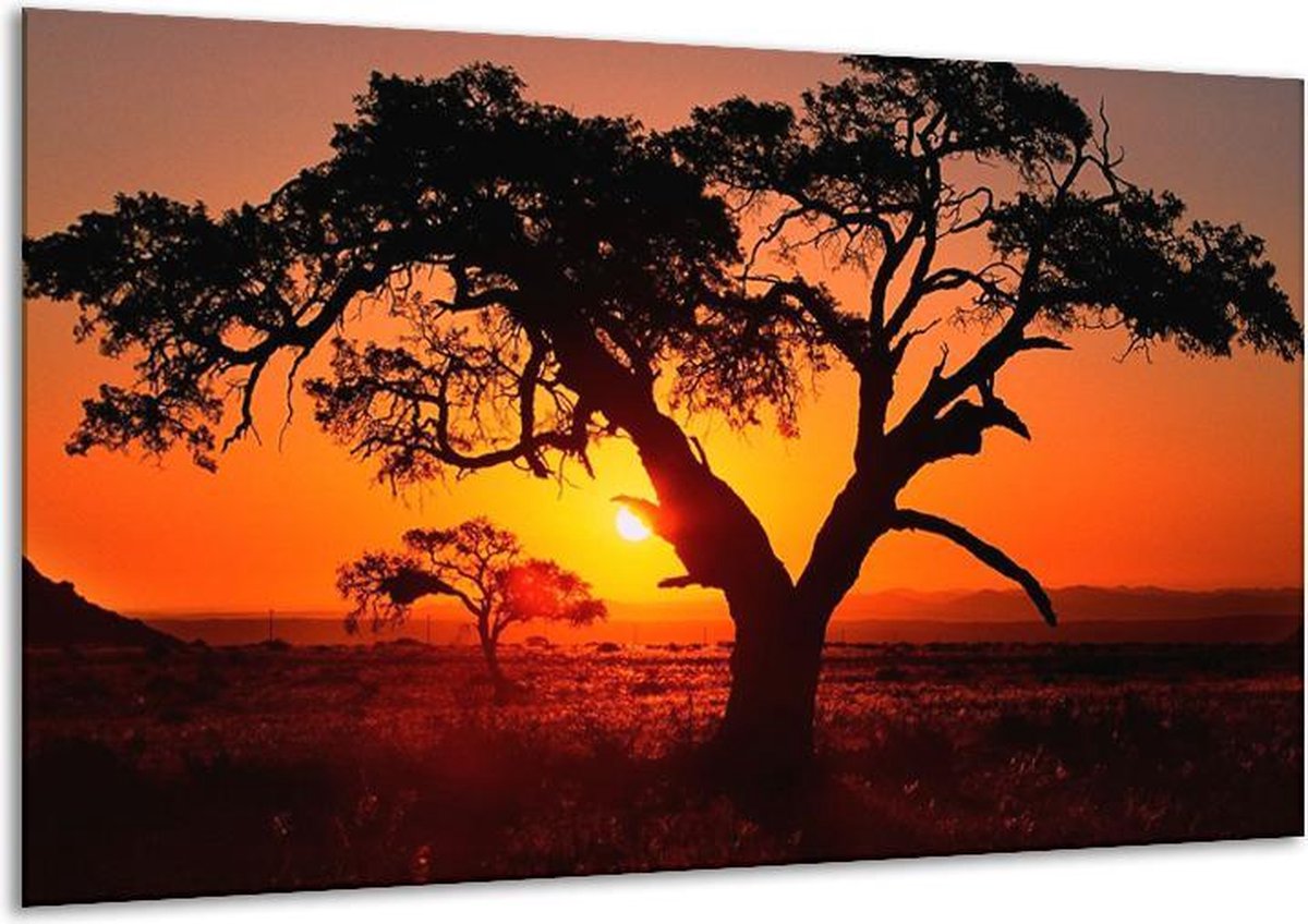 Glasschilderij Zonsondergang - Zwart, Geel, Rood - 120x70cm 1Luik - Foto Op Glas - Geen Acrylglas Schilderij - GroepArt 6000+ Glasschilderijen Art Collectie - Wanddecoratie - Woonkamer - Slaapkamer